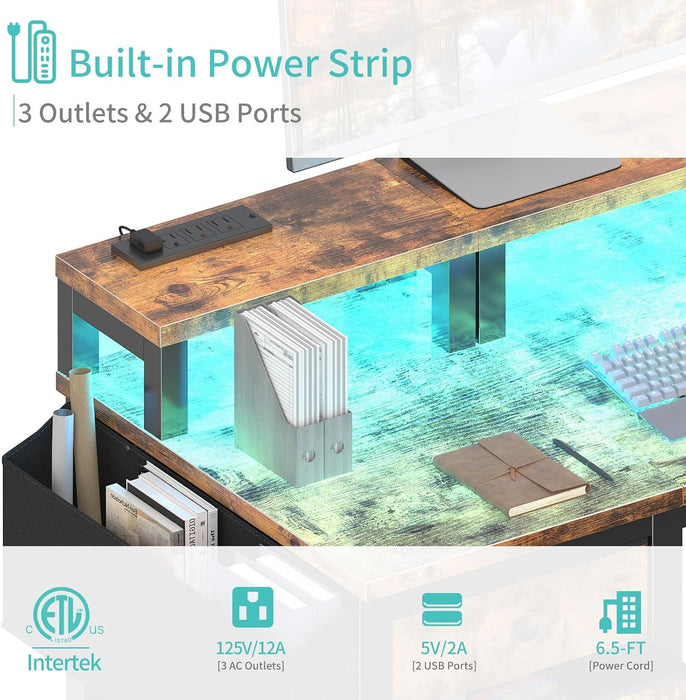 Computer Desk with Fabric Drawers, 47 Inch Home Office Desk with Monitor Stand, Gaming Desk with LED Lights and Power Outlets, Rustic Brown