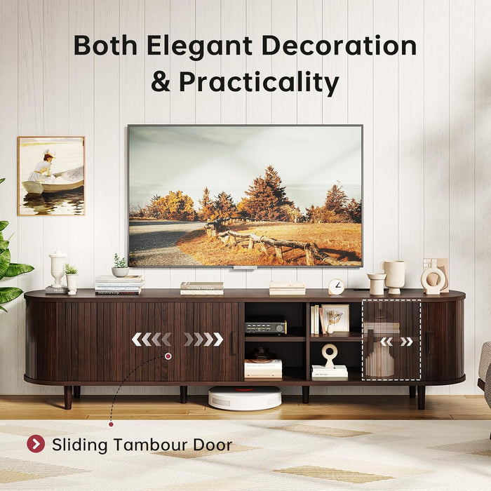70" Mid Century Modern TV Stand with Sliding Doors, Wood Entertainment Center with Storage and Adjustable Shelves, Fluted Media TV Consoles for Living Room, Walnut