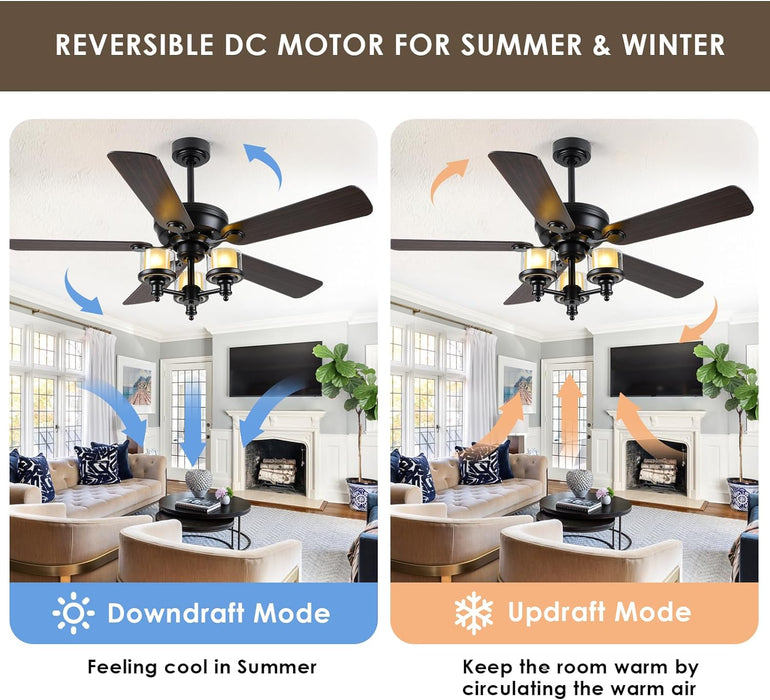 Ceiling Fans with Lights and Remote-Indoor/Outdoor Ceiling Fans,52'' Low Profile Flush Mount Ceiling Fan with Clear Seeded Glass Light Kit, 52" Farmhouse Ceiling Fan Quiet Reversible Motor