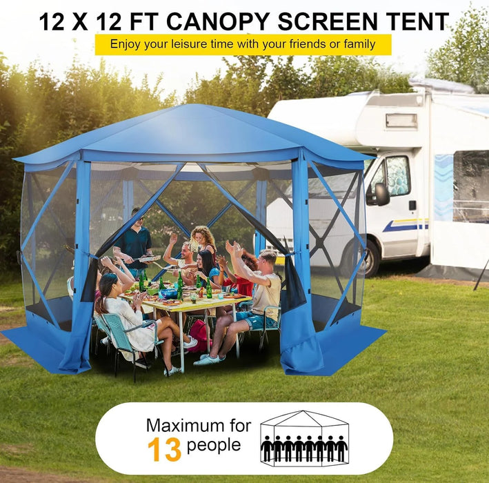 12X12 Pop-Up Gazebo Starry Sky Screen Canopy Tent Screen House for Camping, Screen Room with Mosquito Netting, Hub Tent Instant Screened Canopy with Carrying Bag and Ground Stakes, Blue