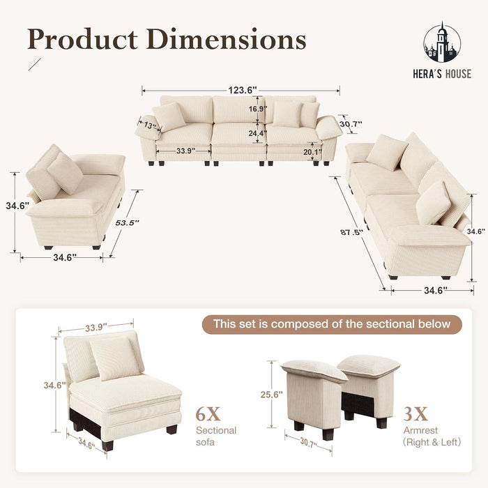 3 Pieces Sofa Sets Furniture for Living Room, Comfy 3-Seater Sofa and Loveseat and Single Sofa with Throw Pillows, Modular Sectional Sofa Couches for Living Room, Corduroy Beige