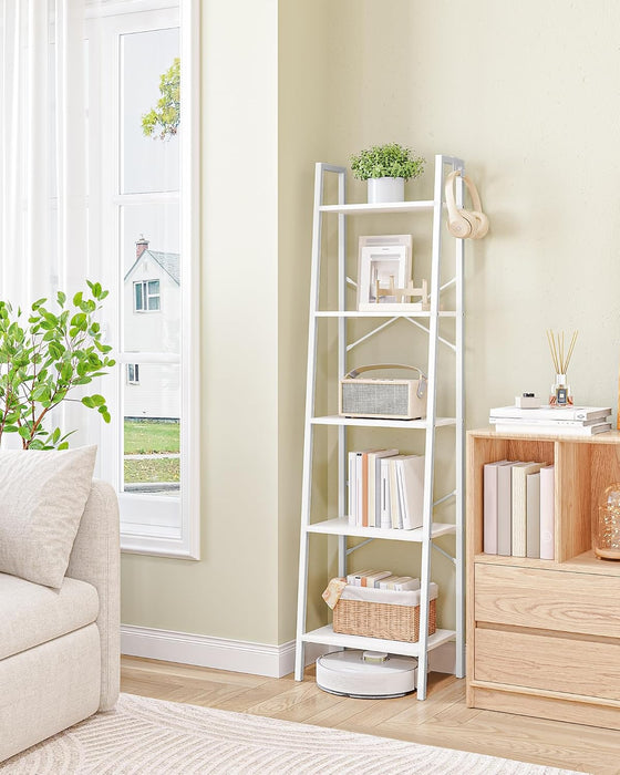 White Freestanding Industrial Ladder Shelf With Hooks