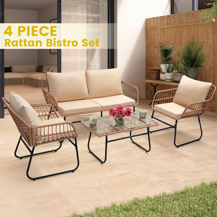 4 Piece Patio Bistro Outdoor Furniture Set, Wicker Sofa, 2 Rattan Chairs, and Table, Backyard Conversation Set, All Weather Cushions, Natural Rattan Beige Cushion
