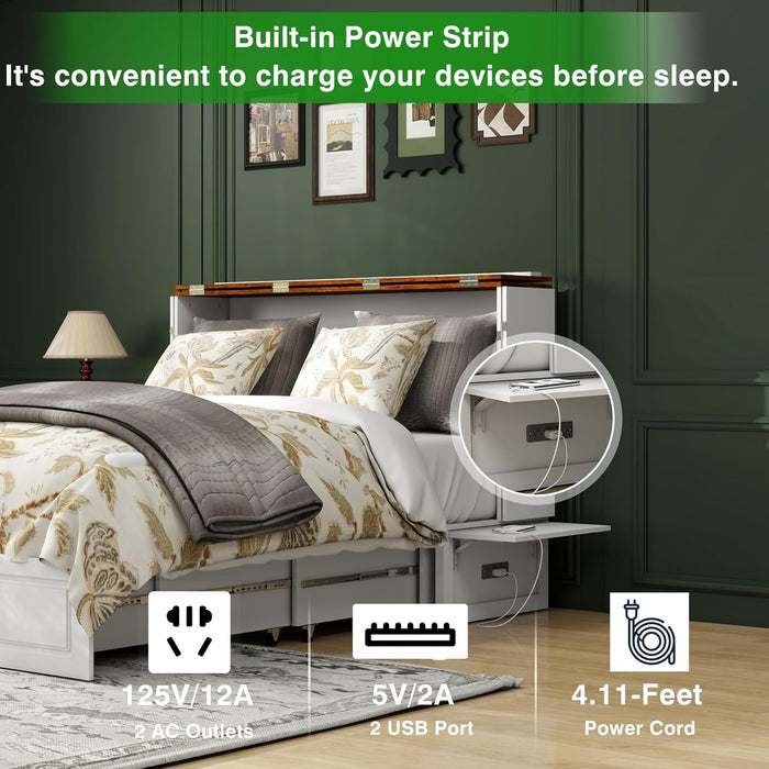Queen Murphy Bed Included Mattress：Wood Murphy Bed Cabinet with USB Charging Station and Large Storage Drawer for Bedrooms/Guest Rooms/Apartments, White-1
