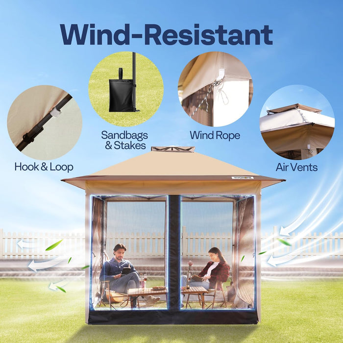 Pop up Gazebo 10X10Ft Outdoor Canopy Tent with Mosquito Netting & 2 Tiers Roof for Patio Garden Backyard, Beige