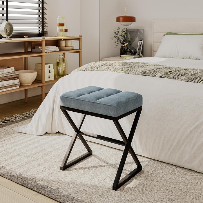 Vanity Stool, Linen Footrest Stool, Ottoman Bench with X-Shaped Metal Legs, Makeup Dressing Stool for Vanity, Living Room, Bedroom, Entryway, Hallways 15.74"D×11.81"W×18.11"H Blue Gray UHBD033L