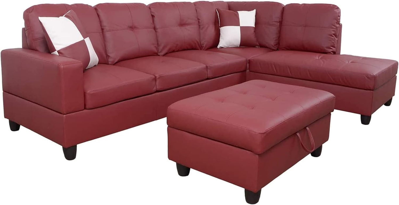 Sectional Sofa Faux Leather Modern L Shaped Couch Set 103.5”Wide Including Chaise and 3 Seating Sofa with Storage Ottoman for Living Room Furniture (Right Hand Facing, B-Red)