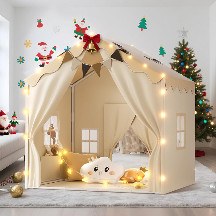 2-In-1 Kids Tent,Large Play Tent with Padded Mat and Lights,Kids Playhouse with 2 Doors & 4 Windows,2 Large Side Pockets,Indoor Outdoor Kid Play Tent for Toddlers,53" X40" X 51"