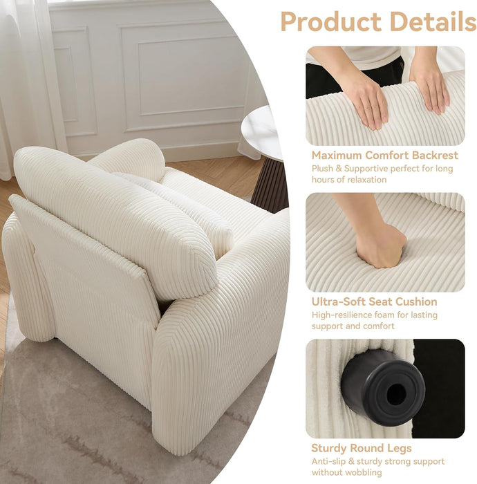 Corduroy Fabric Accent Chair, Modern Upholstered Living Room Chairs with Lumbar Pillow, Wide Comfy Leisure Armchair for Bedroom, Office, Reading, White