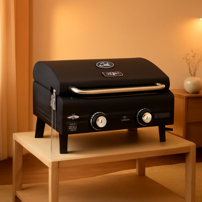 Black Portable Gas Grill, Dual 10,000 BTU Burners, 275 Sq.In Cooking Space, Push-To-Start Ignition, Wind-Proof Lid with Built-In Thermometer, Perfect for Camping Tailgates & Backyard BBQ Cookouts