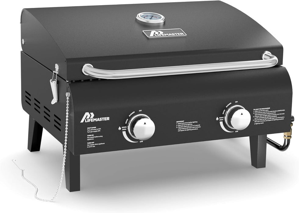 Black Portable Gas Grill, Dual 10,000 BTU Burners, 275 Sq.In Cooking Space, Push-To-Start Ignition, Wind-Proof Lid with Built-In Thermometer, Perfect for Camping Tailgates & Backyard BBQ Cookouts