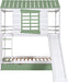 House Bunk Bed with Convertible Slide and Trundle, Solid Wood Bunk Bed Twin over Twin, for Kids Girls Boys (White+Green)