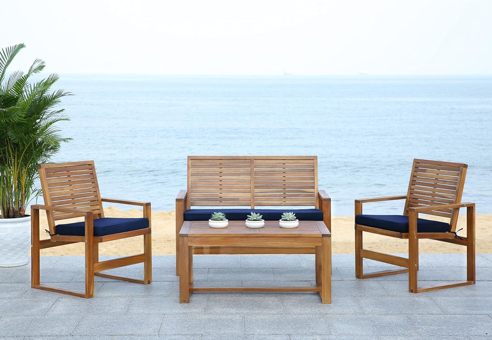 Home Collection Hailey Outdoor Living 4-Piece Acacia Patio Furniture Set, Brown and Navy