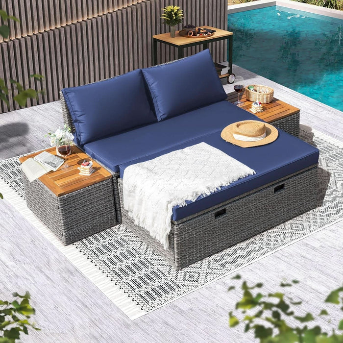 Patio Day Bed Outdoor Daybed Set Multifunctional Rattan Lounge Bed with 2 Side Tables for Backyard Porch Poolside Lawn Beach (Navy Blue)