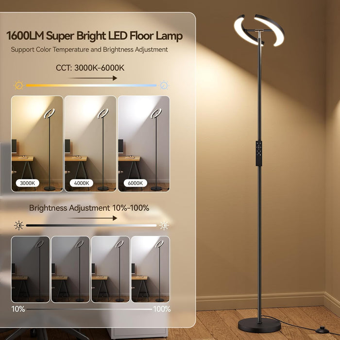 Floor Lamps for Living Room, 28W/1600LM Bright LED Floor Lamp with Remote & 2 Rotatable Lights, 74" Dimmable Tall Standing Lamp, Modern Reading Torchiere Corner Lamp for Bedroom Office, Black