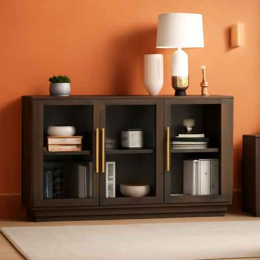 Sideboard Buffet Cabinet, Modern Wood Glass-Buffet-Sideboard with Storage, Console Table for Kitchen, Dining Room, Living Room, Hallway, or Entrance - Brixston (Brown)
