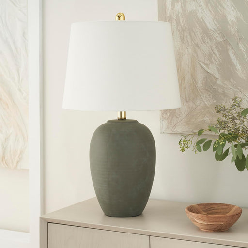 Home 23" Olive Green Ceramic Pot Table Lamp for Bedroom, Living Room, Dining Office, with White Tapered Drum Shade