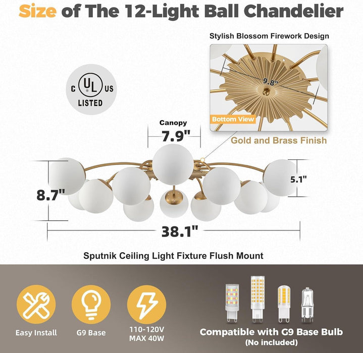 38.1 In. 12-Light Mid Century Modern Sputnik Chandelier Gold Semi Flush Mount Ceiling Light, Opal Glass Bubble and Blossom Accent Milk Glass Bubble Lighting Fixture for Dining Living Entry