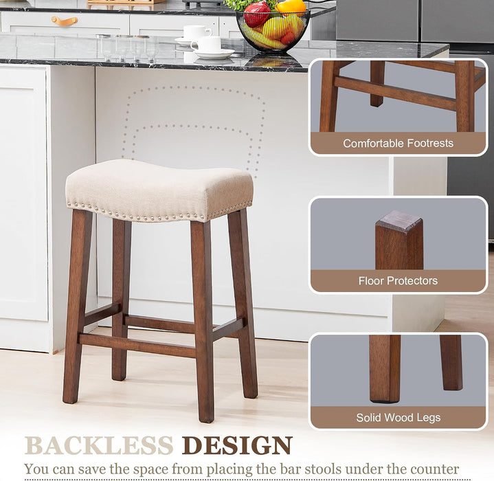 26 Inch Solid Wood Saddle Backless Bar Stools Set of 3, Beige | Counter Height Barstools with Footrest & Nailhead Trim, Modern Farmhouse Upholstered Linen Counter Stools for Kitchen Island