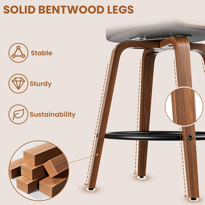 Bar Stools Set of 2, 26" Bentwood Counter Height Barstools, Black | Swivel, Mid-Century Modern, Faux Leather, Ergonomic Backrest, Padded Seat, Bentwood Legs, Footrest, for Kitchen Island, Bar