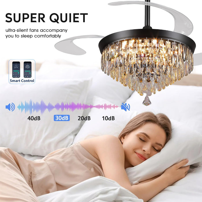 48" Chandelier Ceiling Fan with Lights, Crystal Retractable Fandelier with 3 Color LED Dimmable, Reversible DC Motor, Modern for Bedroom, Living Room (Black