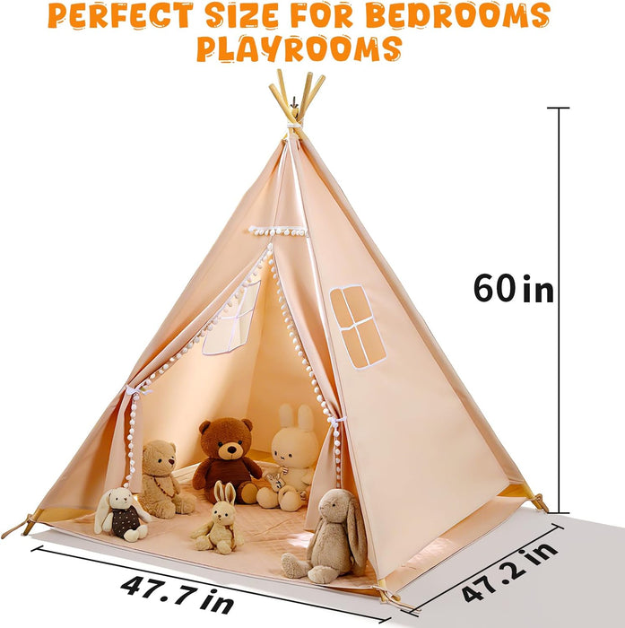 Teepee Tent for Kids with BBQ Pretend Play Toys, Spacious 60” Kids Play Tent Indoor & Outdoor, Foldable Playhouse with Mat & Star Lights, Washable Camping Toys Gift for Boys & Girls Ages 3–8