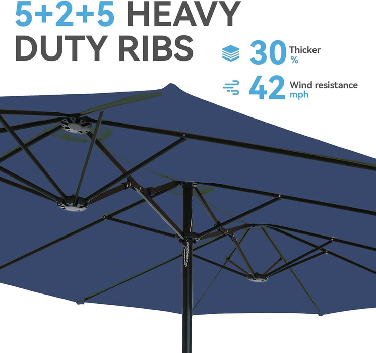 15 Ft Rectangular Patio Umbrella with Base Included, Large Double-Sided Outdoor Table Umbrella with Crank, 1.9" Pole UPF 50+ UV Resistant for Pool Deck Backyard Garden, Navy Blue