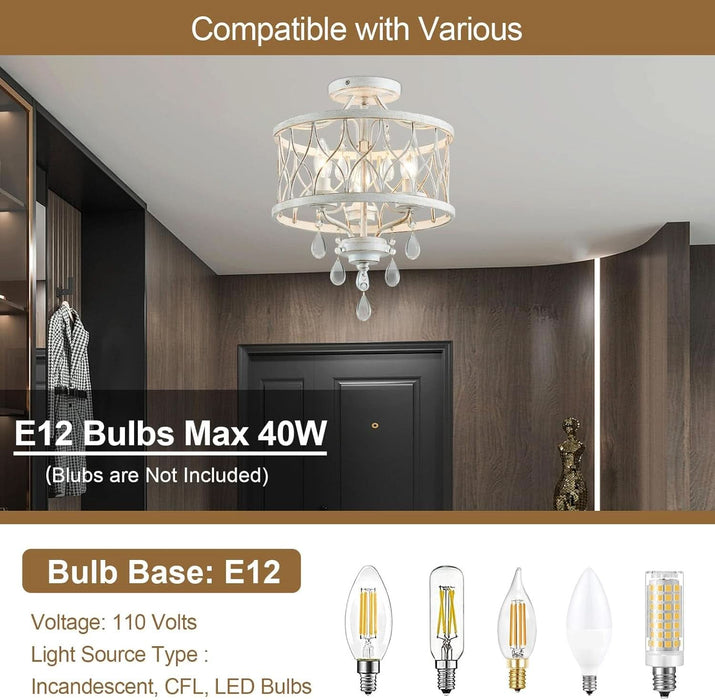 Farmhouse Crystal Ceiling Light Fixture, 3-Light Semi Flush Mount Crystal Chandelier Light Fixture Rustic Vintage White Pendant Ceiling Lamp for Hallway Corridor Kitchen Entryway Bedroom Living Room