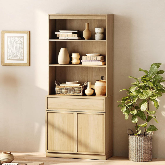 Modern 72" Tall Bookshelf with Doors, Drawers & Adjustable Shelves, Library Bookcase with Storage Cabinet and Open Shelving, Wood Bookcase for Home Office, Living Room, Oak, 1 PC