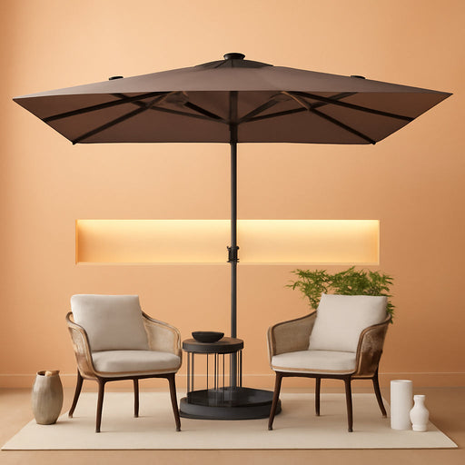 13Ft Double-Sided Patio Umbrella with Solar Lights Outdoor Market Umbrella with Base and Crank Handle Table Umbrella for Backyard Pool Garden Deck, Grey