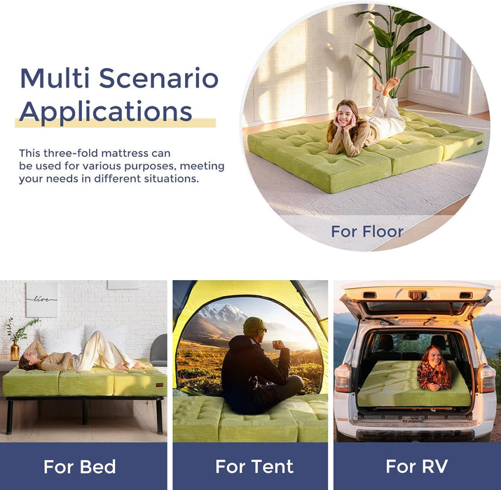 Tri-Fold Mattress, 6 Inch Tufted Folding Mattress Full Foam Bed, Foldable Floor Couch Guest Bed Topper Portable Camping Sleeper with Corded Fabric, Green, 53"X75"
