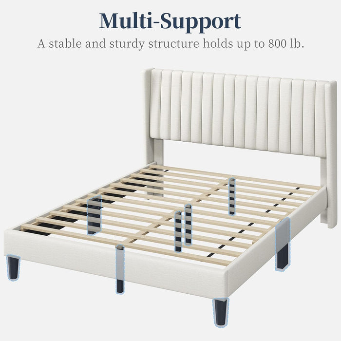 Queen Bed Frame Upholstered Platform Bed with Fabric Headboard, Wing Edge Design/Non-Slip and Noise-Free/Wooden Slats Support/No Box Spring Needed/Easy Assembly, Beige Queen Bed