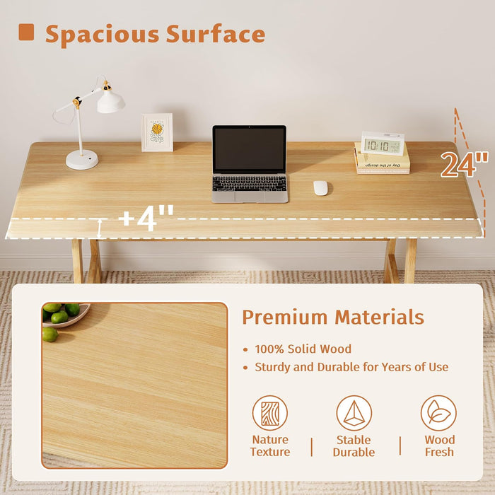 Solid Wood Writing Table - 60" W Minimalist PC Computer Desk, Oak