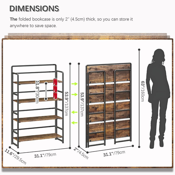 No Assembly Extra Wide 4 Tier Folding Bookshelf Storage Shelves Vintage Bookcase Standing Racks for Bedroom Living Room Home Office