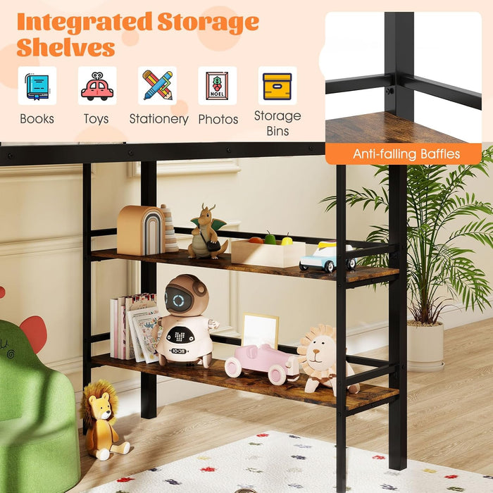 Low Loft Bed Twin Size, Heavy Duty Metal Frame W/Storage Shelves, Ladder & Full-Length Guardrails, Ample Under-Bed Space, Kids Loft Bed with Stairs for Boys Girls Junior, No Box Spring Needed