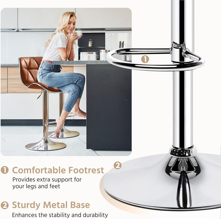 Bar Stools Set of 2, PU Leather Swivel Bar Stools with Shell Back, Armless Counter Height Adjustable Bar Chairs for Home Kitchen, Retro Brown