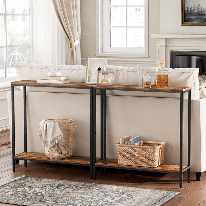 29.5" L Narrow Console Table, Sofa Table behind Couch with 2-Tier Storage Display Shelves, 8.7" D Small Entryway Table for Hallway, Foyer, Living Room, Bedroom, Rustic Brown and Black BF22XG01