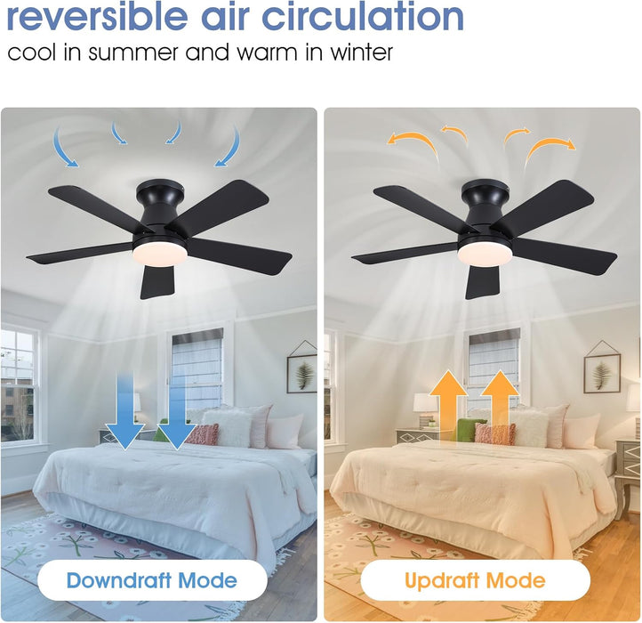 41" Black Low Profile Ceiling Fans with Lights and Remote, Modern Flush Mount Ceiling Fan Light with Quiet Reversible DC Motor for Bedroom Kitchen