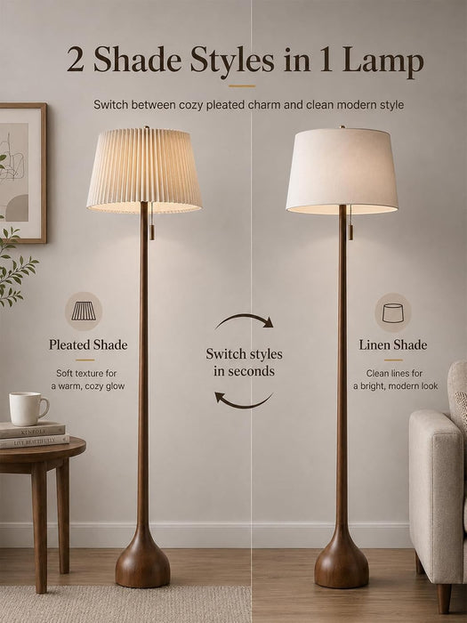 Mid Century Modern Real Wood Floor Lamp with Remote, 2 Shades