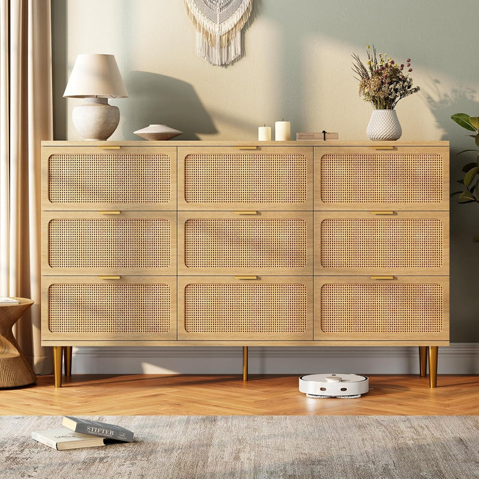 Rattan 9 Drawer Dressers for Bedroom, Tall Dresser with Deep Drawers, Large Chest of Drawers for Closet with Wide Top, Long Wooden Dresser for Living Room, Hallway, Kids Room, Natural