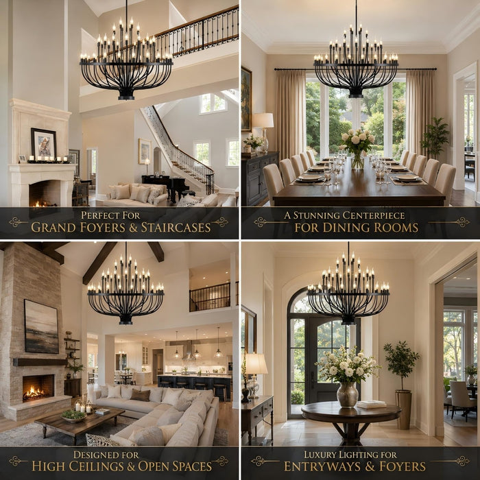 Large Chandelier for High Ceilings, 48-Light Black Wagon Wheel Chandelier, 47.2 Inch 3-Tier Extra Farmhouse Dining Room Light Fixture for Foyer, Living Room, Entryway