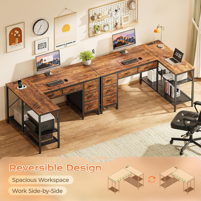 47 Inch L Shaped Desk with Power Outlets, 5 Fabric Drawers