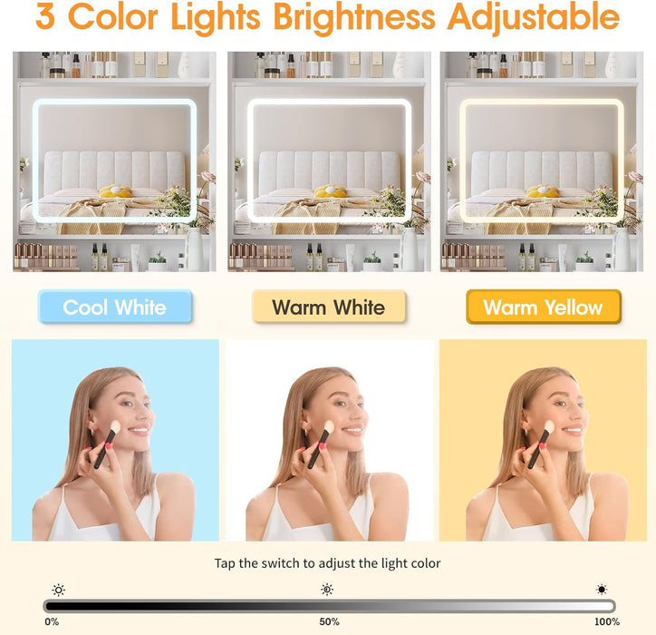 Make up Vanity Desk with Mirror and Lights, White Vanity Table Set with Charger Station,Girls Small Vanity and Storage Chair