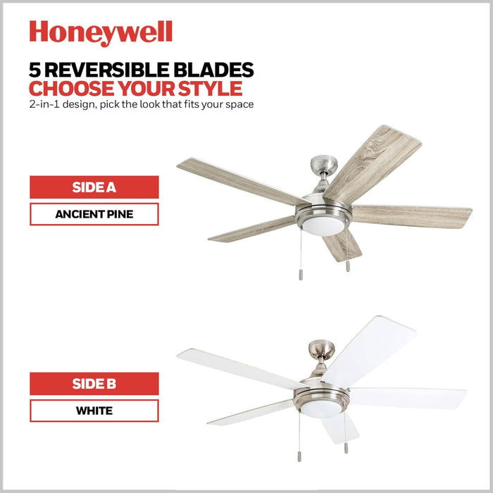 Ceiling Fans Ventnor, 52 Inch Modern Farmhouse Indoor LED Ceiling Fan with Light, Pull Chain, Three Mounting Options, Dual Finish Blades, Reversible Motor - 50606-01 (Brushed Nickel)