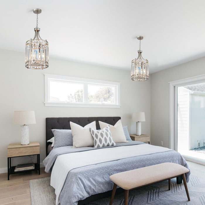 11.8" Modern Crystal Chandelier Brushed Nickel Lantern 4-Light Small Farmhouse Geometric Pendant Lighting Fixture Adjustable Hanging Cage Ceiling Lights for Living Room Dining Room Entryway