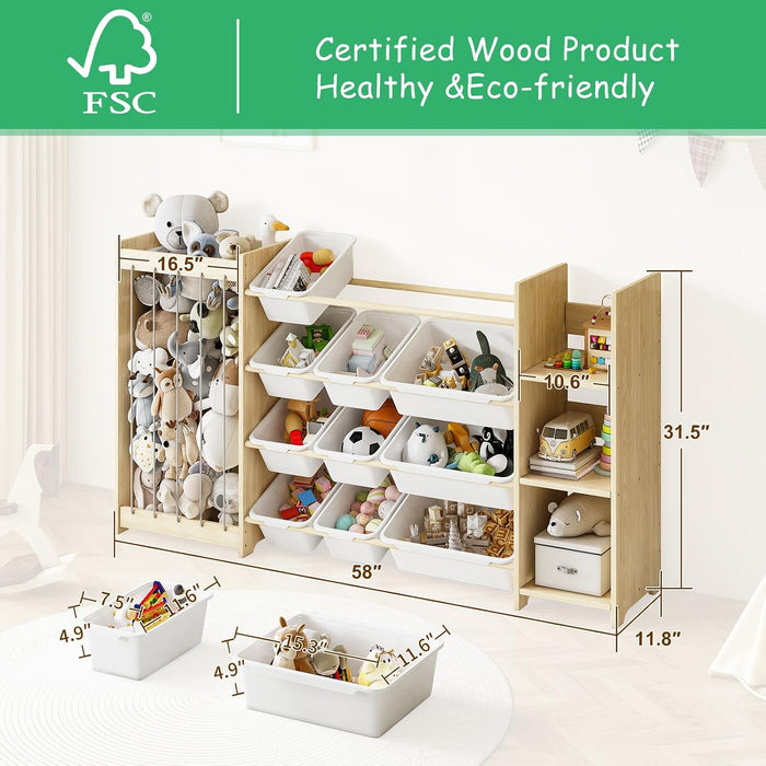 3-In-1 Toy Storage Organizer, Stuffed Animal Holder, 12 Bins