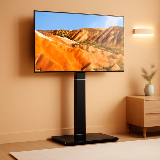 TAVR Universal Floor TV Stand Base for 32-75 Inch Tvs up to 110 Lbs with Swivel Height Adjustable Mount, Black Tempered Glass Base for Media Storage and Space Saving