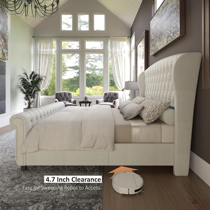 King Size Platform Bed Frame, Chenille Upholstered Sleigh Bed with Scroll Wingback Headboard & Footboard/Button Tufted/No Box Spring Required/Cream