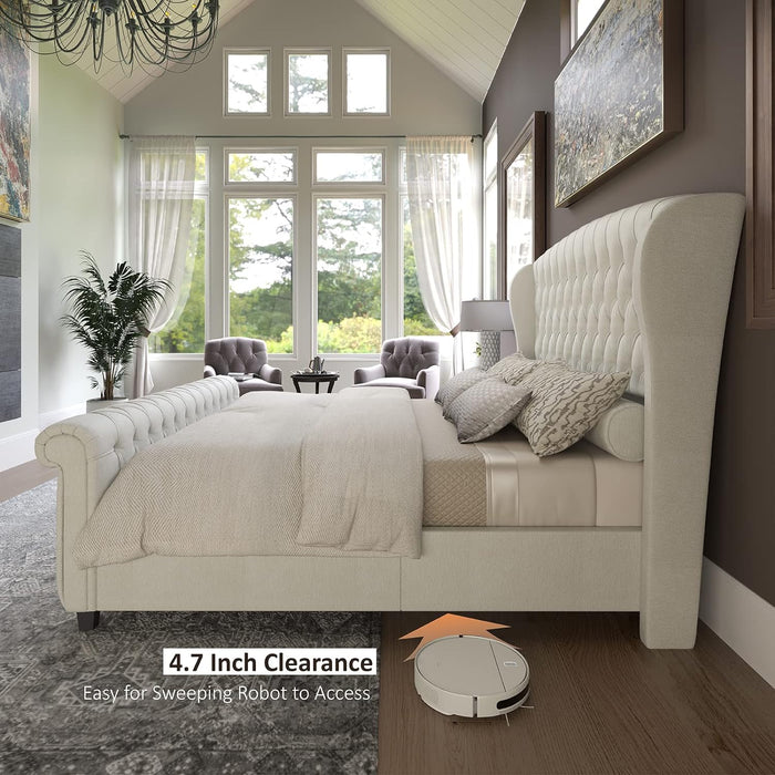 Queen Size Platform Bed Frame, Chenille Upholstered Sleigh Bed with Scroll Wingback Headboard & Footboard/Button Tufted/No Box Spring Required/Cream