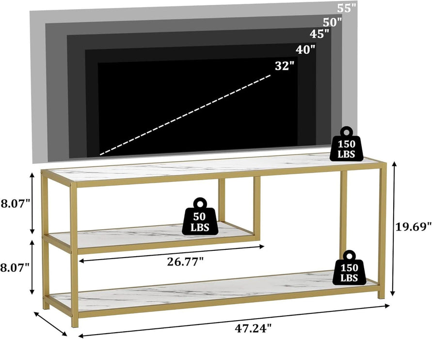 TV Stand for Tvs up to 55 Inch, 3 Tier Entertainment Center, Media Console with Open Storage Shelves for Living Room Bedroom, 47” Modern TV Table with Faux Marble Top Gold Metal Leg